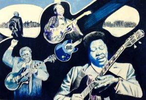 BB King Drawing in blue pencil, 4 different drawings making an images of him inside the shape of a guitar